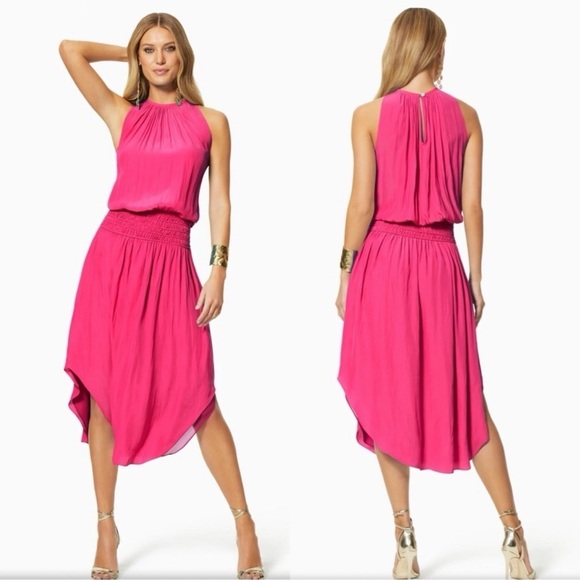 Ramy Brook Audrey Smocked Midi Dress Size Large Paradise Pink Halter New NWT